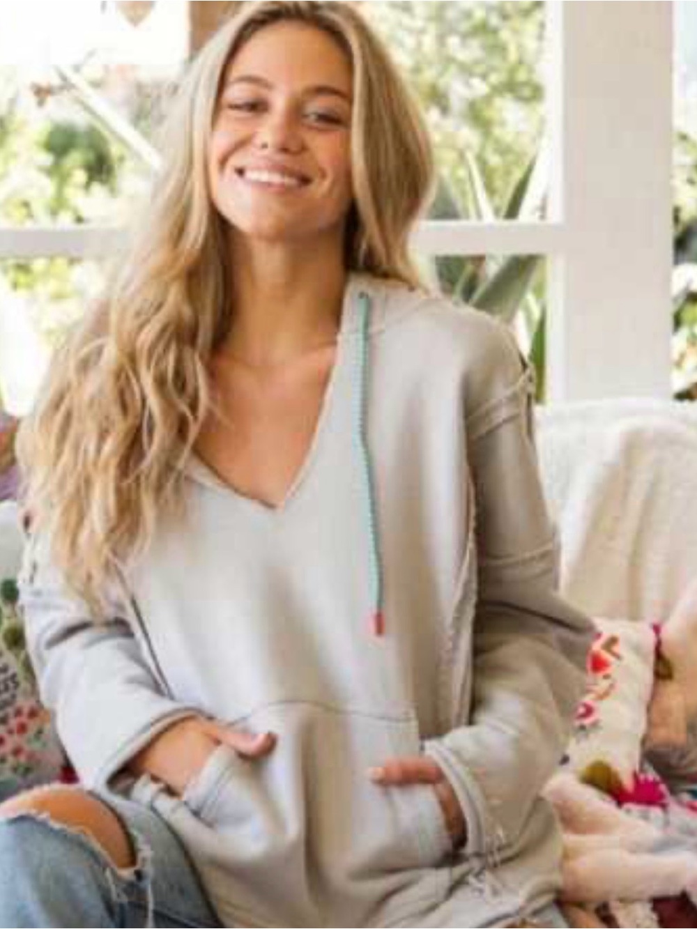 NATURAL LIFE Light Gray V-Neck Hoodie with Teal Drawstring Accent